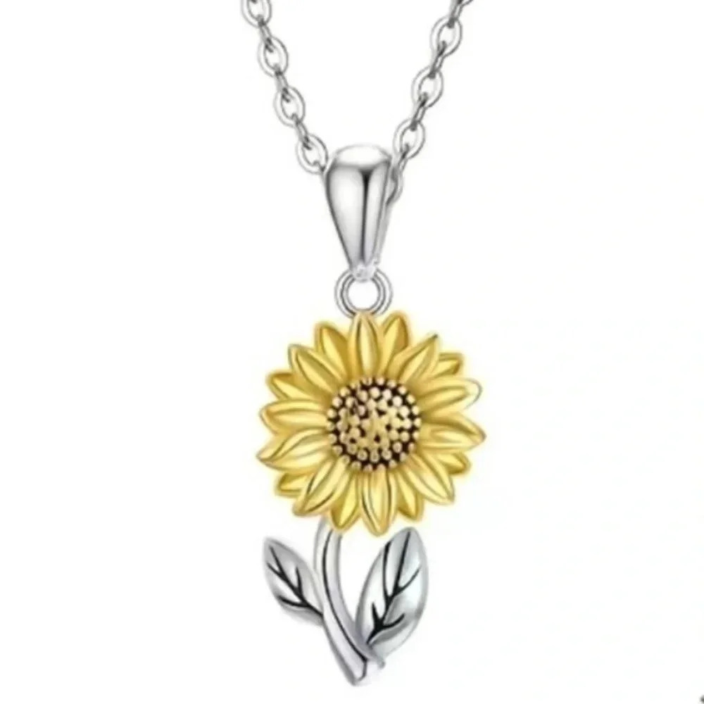2 LEFT! Silver Sunflower Charm Drop Necklace